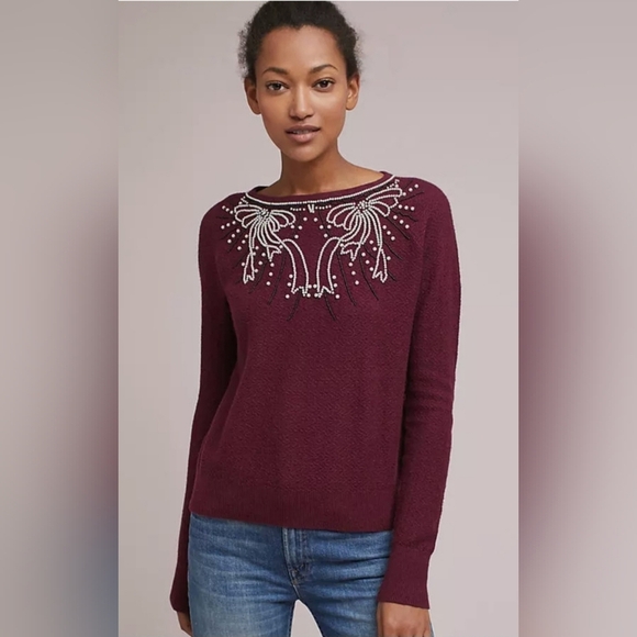 Anthropologie Field Flower Pearled Bow Beaded Sweater Wool Blend Burgundy Sz Med - Picture 3 of 12
